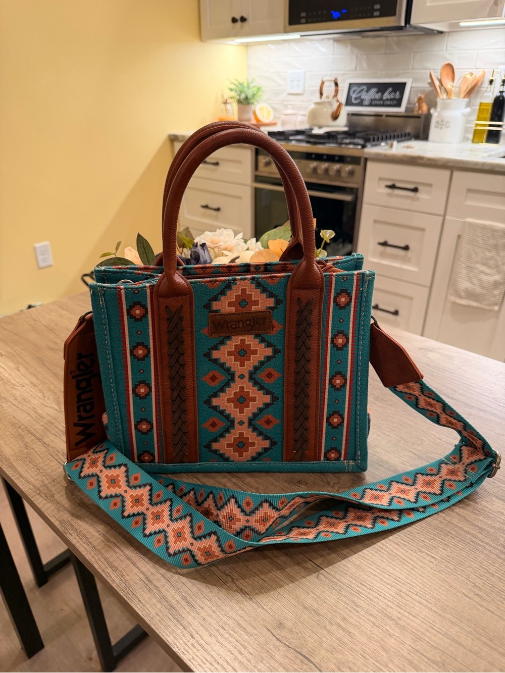 Wrangler Teal & Brown Southwestern Crossbody Tote
